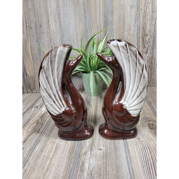 Vintage Swan Vases, Brown Drip MCM Art Deco 8-1/4" Redware Pottery - Picture 5 of 5